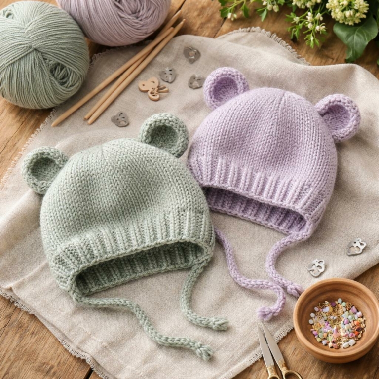 Bonnet ourson DIY pour bébé — patron gratuit (sauge & lilas)